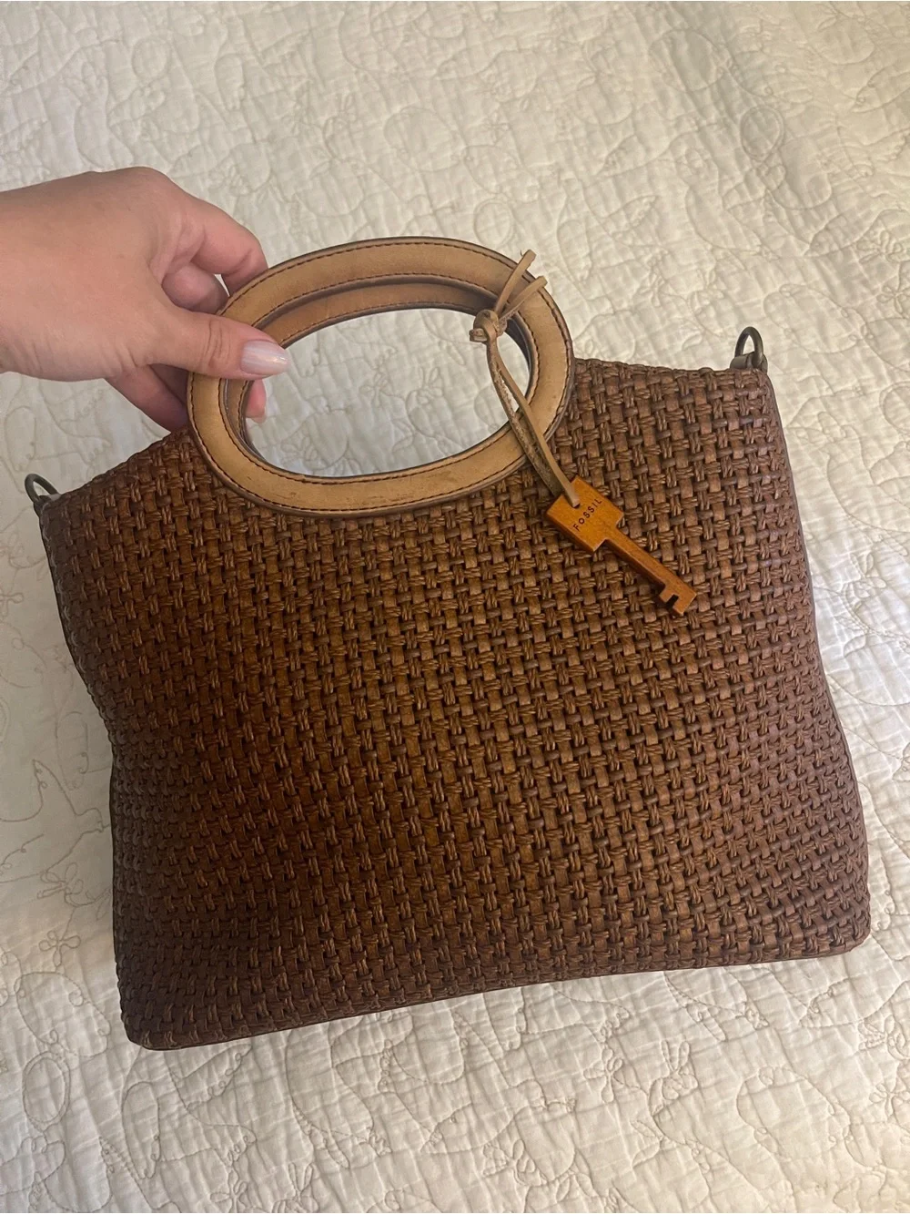 Fossil Woven Leather Tote Bag Brown Top Handle Satchel Crossbody Summer - Picture 2 of 7